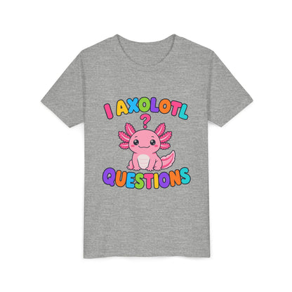 Kids athletic heather T-shirt with pink axolotl graphic and 'Axolotl Questions' text