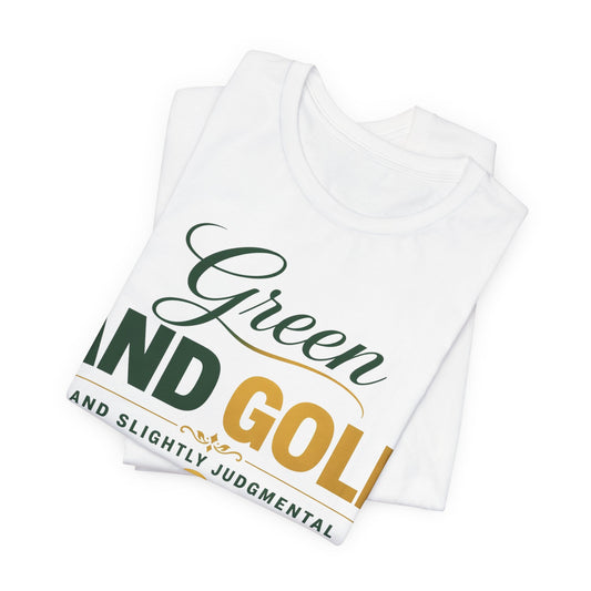 White crew-neck graphic T-shirts stacked, Green and Gold print with judgmental emoji