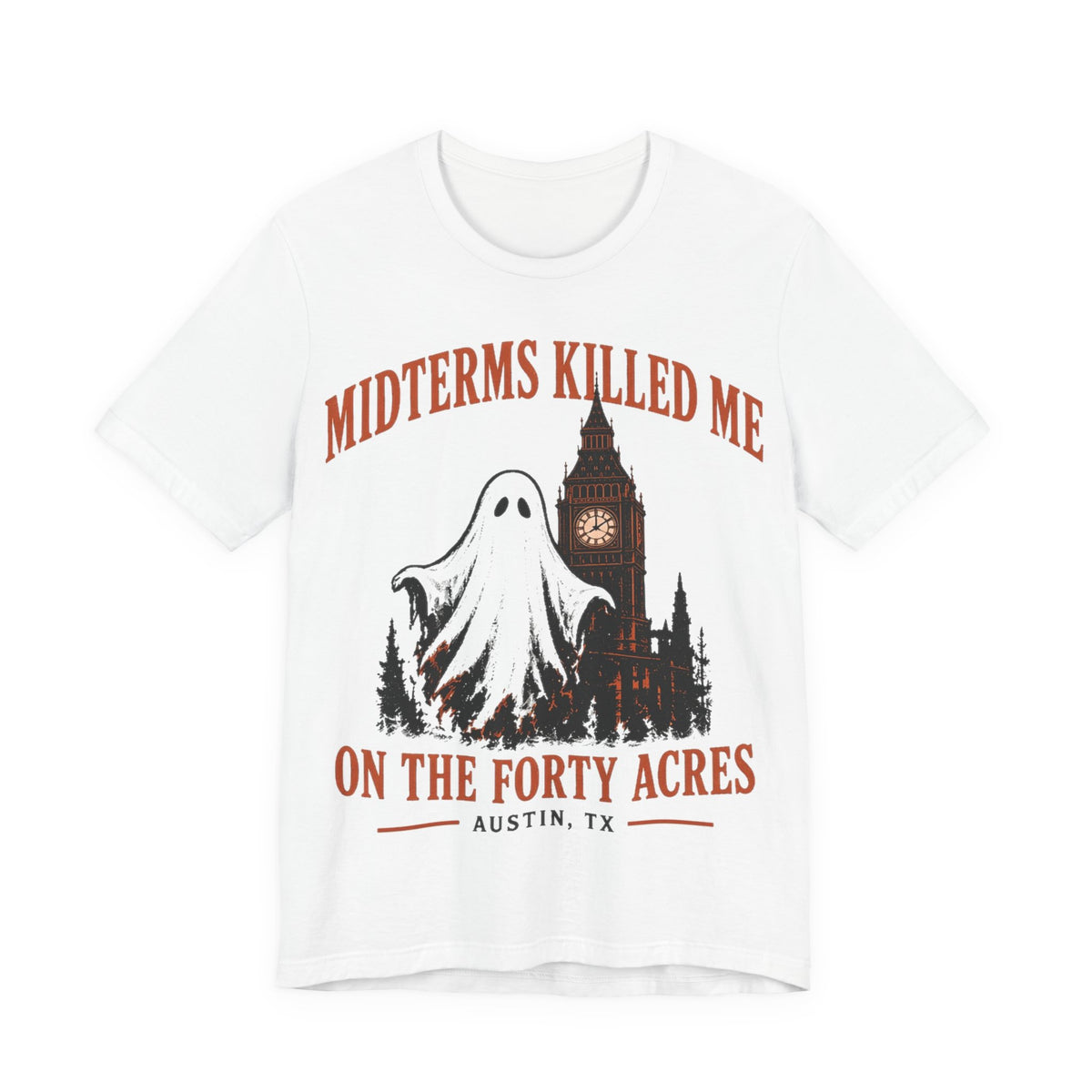 White graphic crewneck T-shirt with ghost, clock tower, and 'On the Forty Acres' text