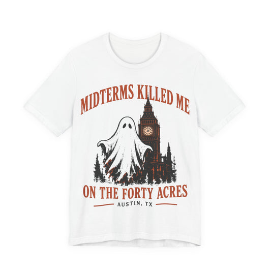 White graphic crewneck T-shirt with ghost, clock tower, and 'On the Forty Acres' text