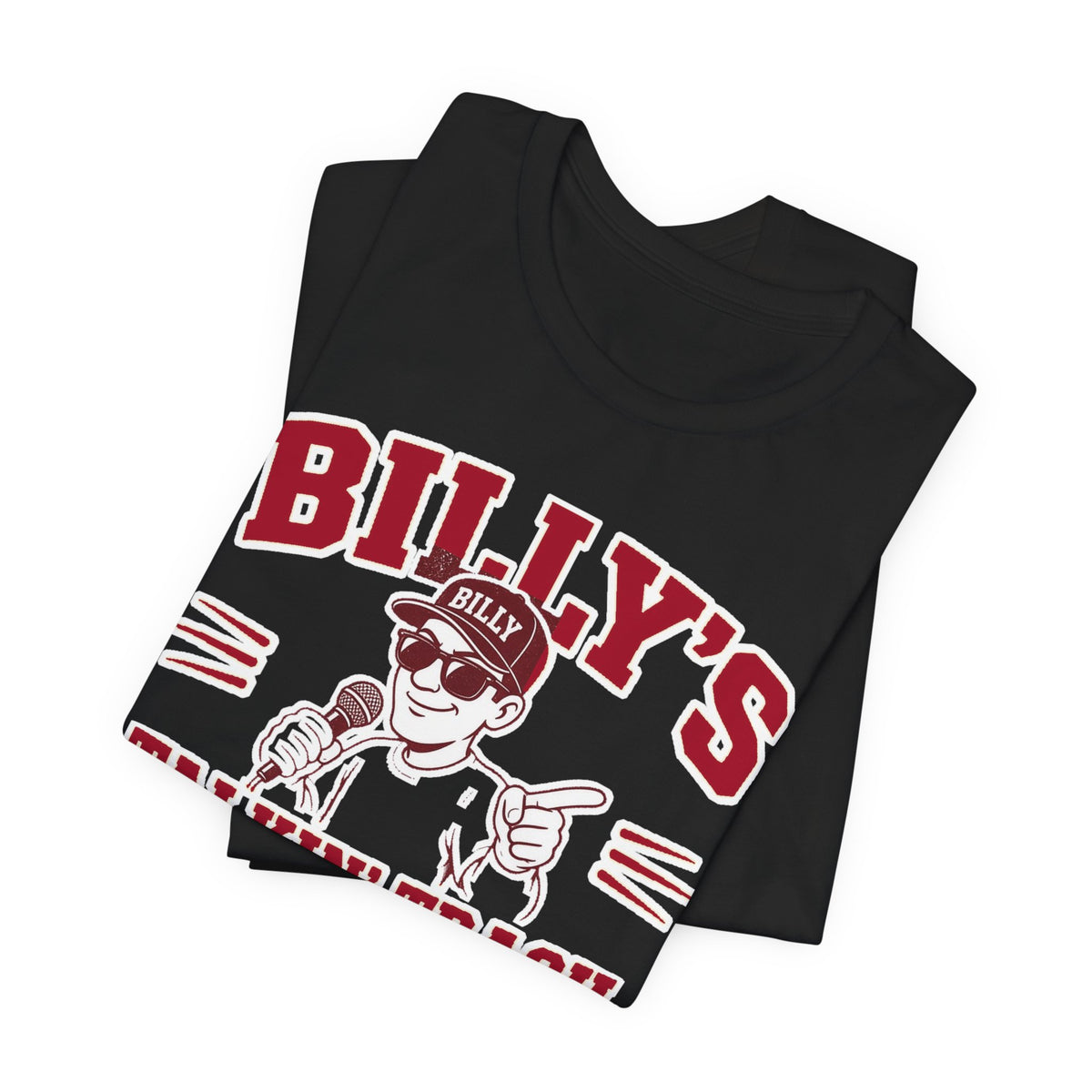 Black crewneck T-shirt with large "BILLY'S" logo and cartoon graphic on front