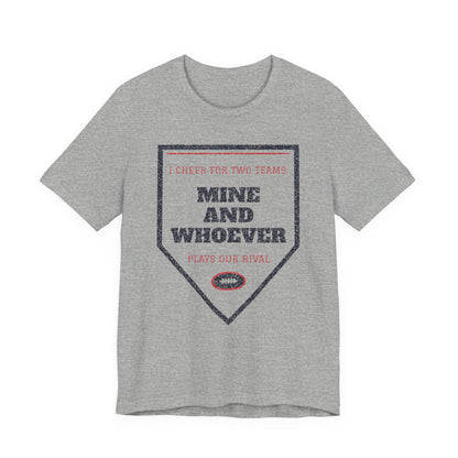 Funny college T-shirt, heather gray, front triangle graphic with “Mine and Whoever”