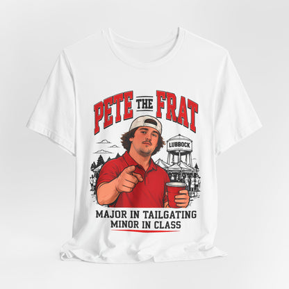 White crew-neck T-shirt with front graphic of man holding a cup and red PETE THE FRAT text