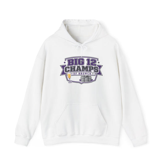 White pullover hoodie with front logo graphic and kangaroo pocket