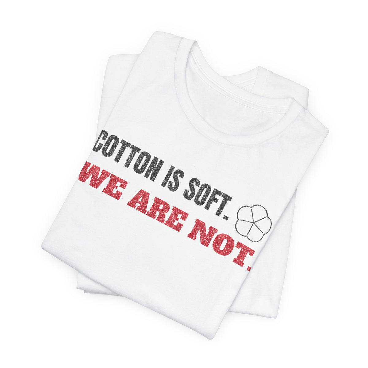 White cotton T-shirt with large diagonal slogan and fist icon on the chest