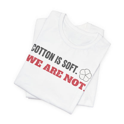 White cotton T-shirt with large diagonal slogan and fist icon on the chest