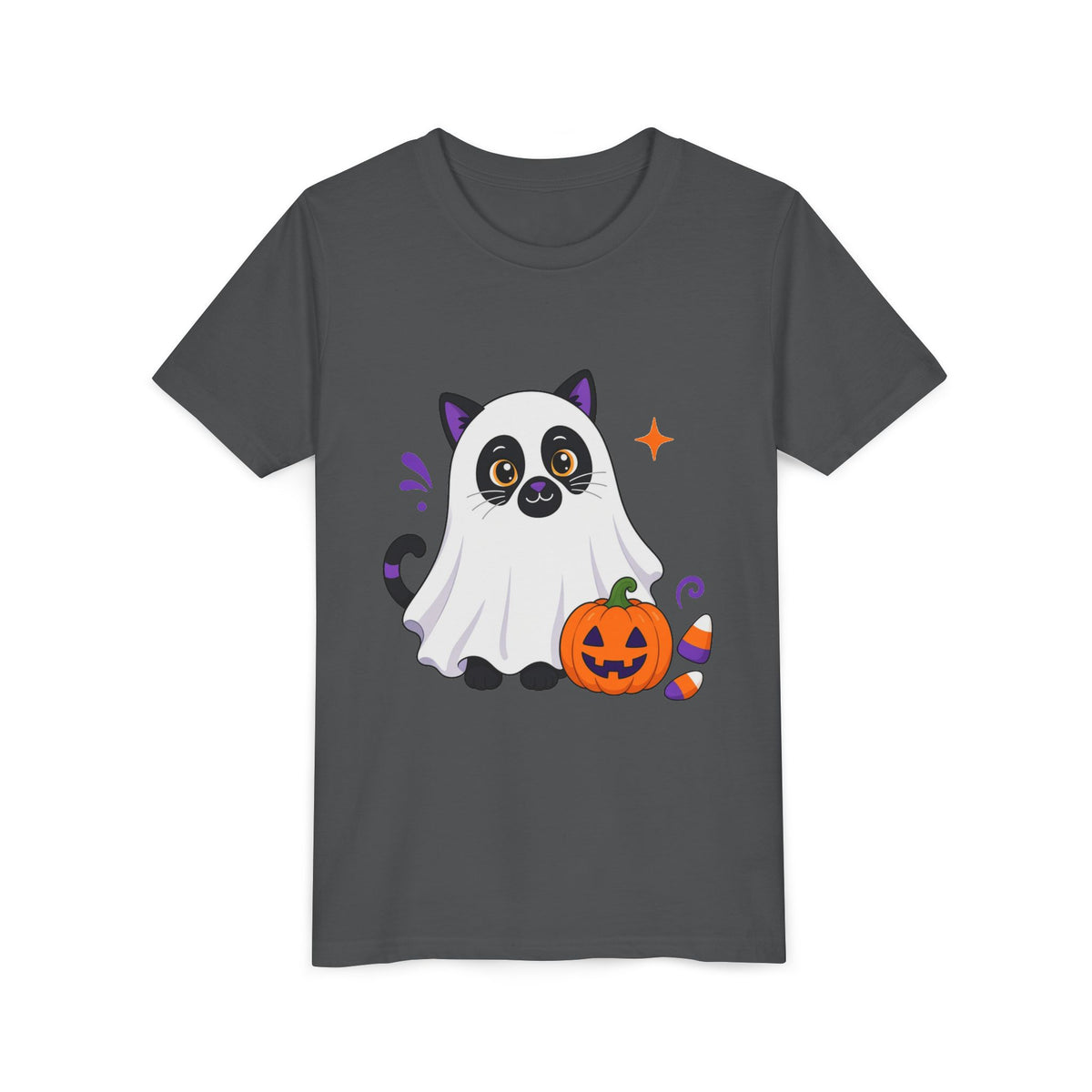 Kids Halloween tee, dark gray with cute ghost cat holding an orange pumpkin