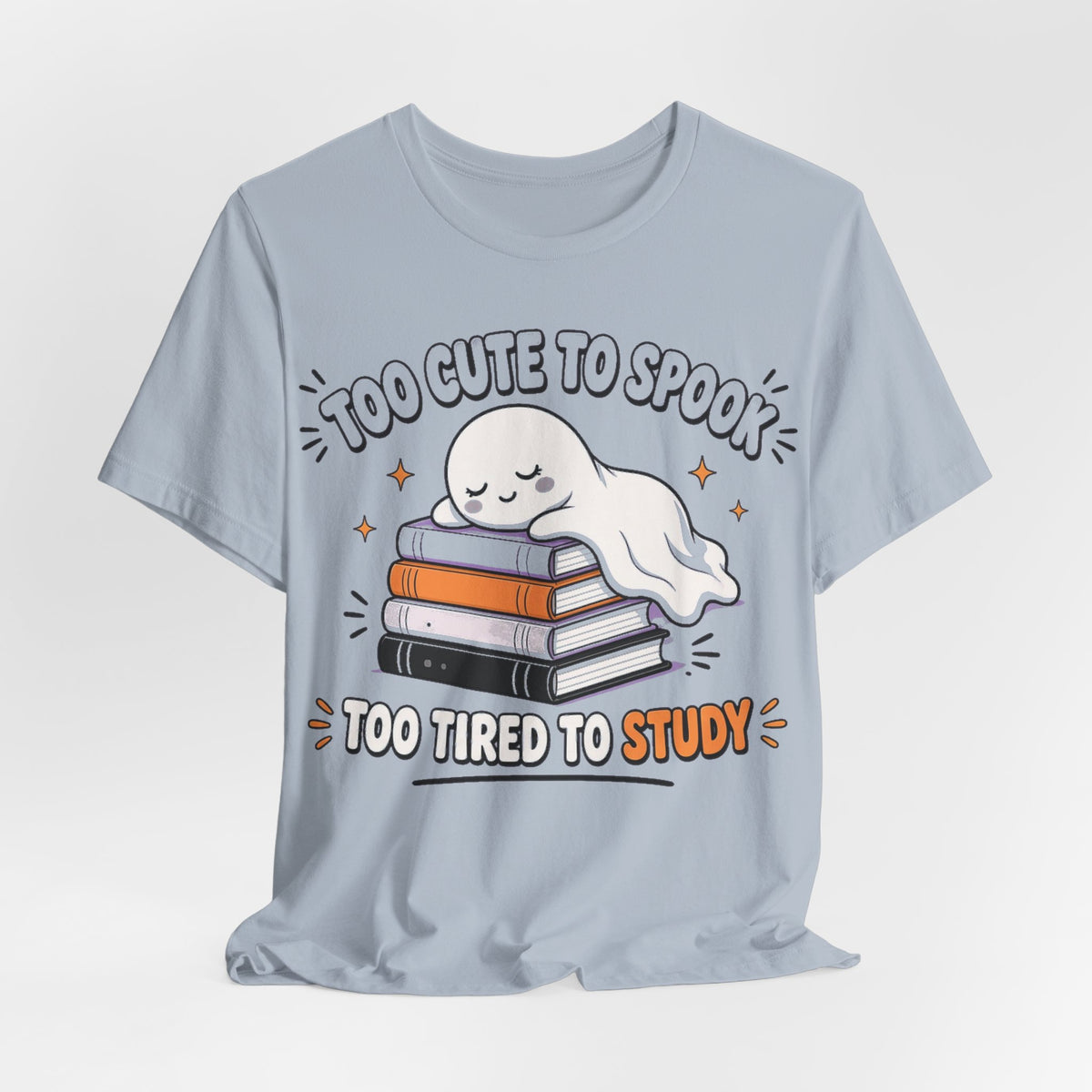 Light blue crewneck T-shirt with ghost hugging stacked books graphic