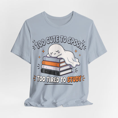 Light blue crewneck T-shirt with ghost hugging stacked books graphic