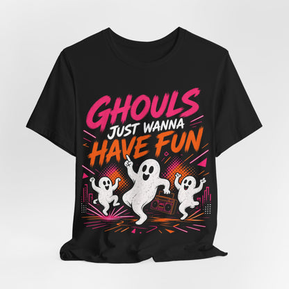 Black crewneck graphic tee with pink "Ghouls Just Wanna Have Fun" ghost concert art