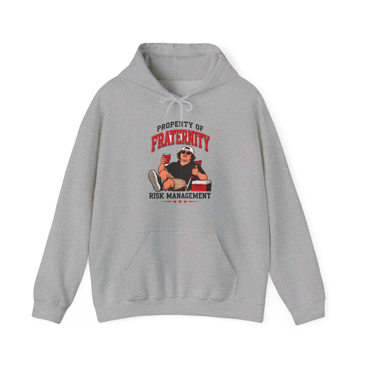Sport grey hoodie with front pouch pocket, drawstring hood, and risk management graphic