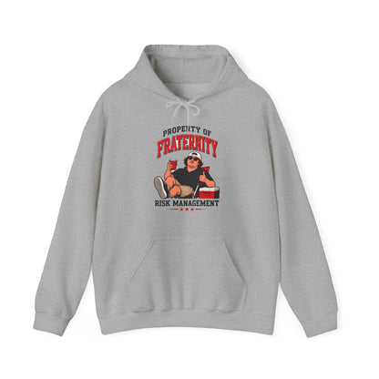 Sport grey hoodie with front pouch pocket, drawstring hood, and risk management graphic