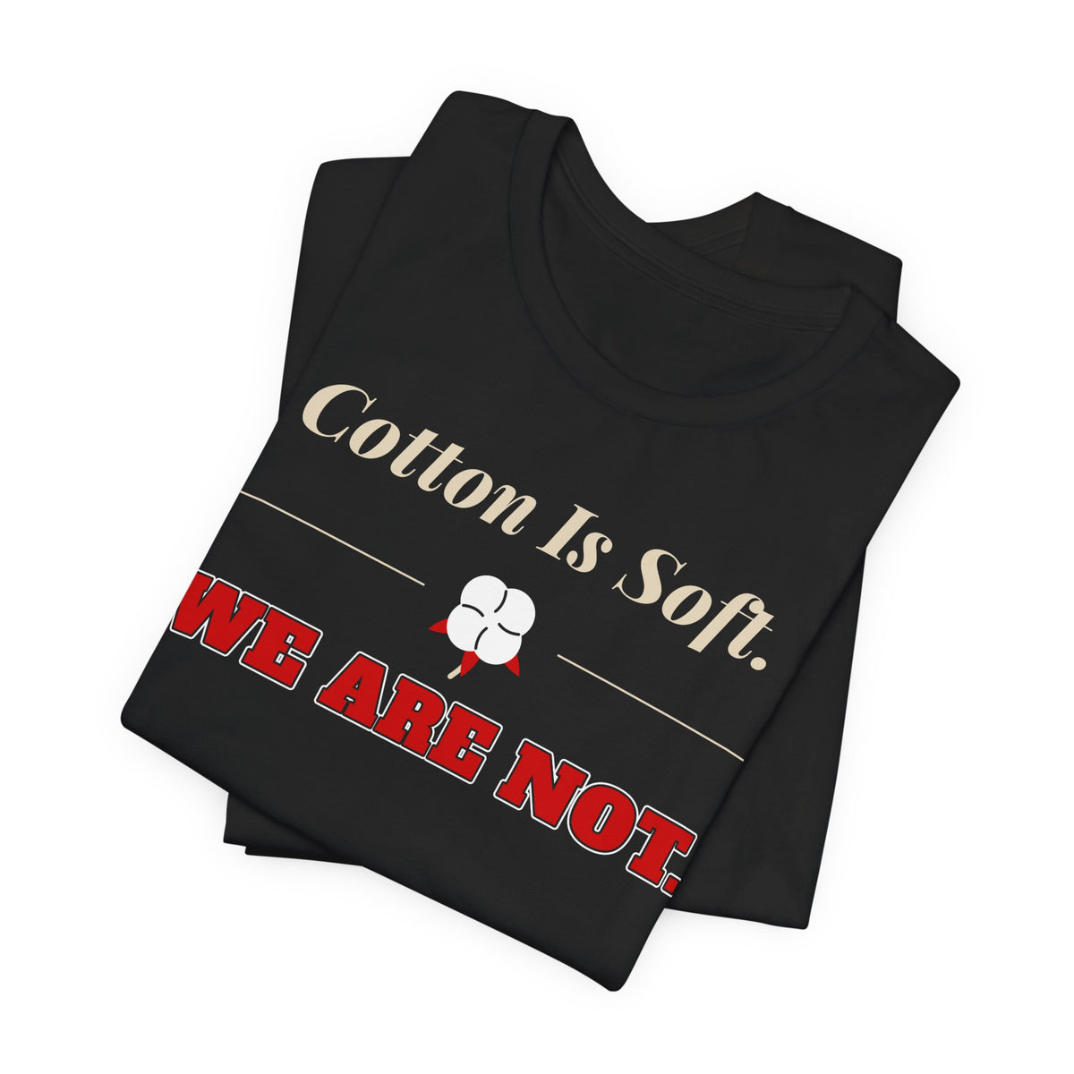 Black cotton T-shirt with large diagonal slogan and fist icon graphic