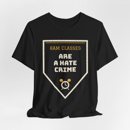 Black crew-neck T-shirt with triangular “8AM CLASSES” graphic print