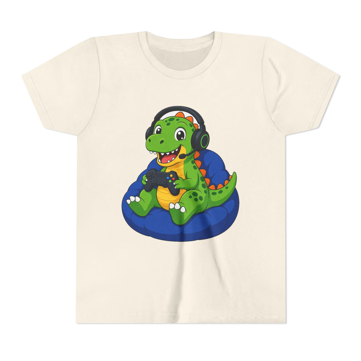 Natural beige kids t-shirt with green dinosaur gamer graphic