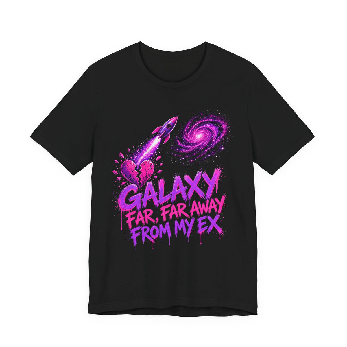 Black crewneck graphic t-shirt with purple rocket, swirl galaxy and heart