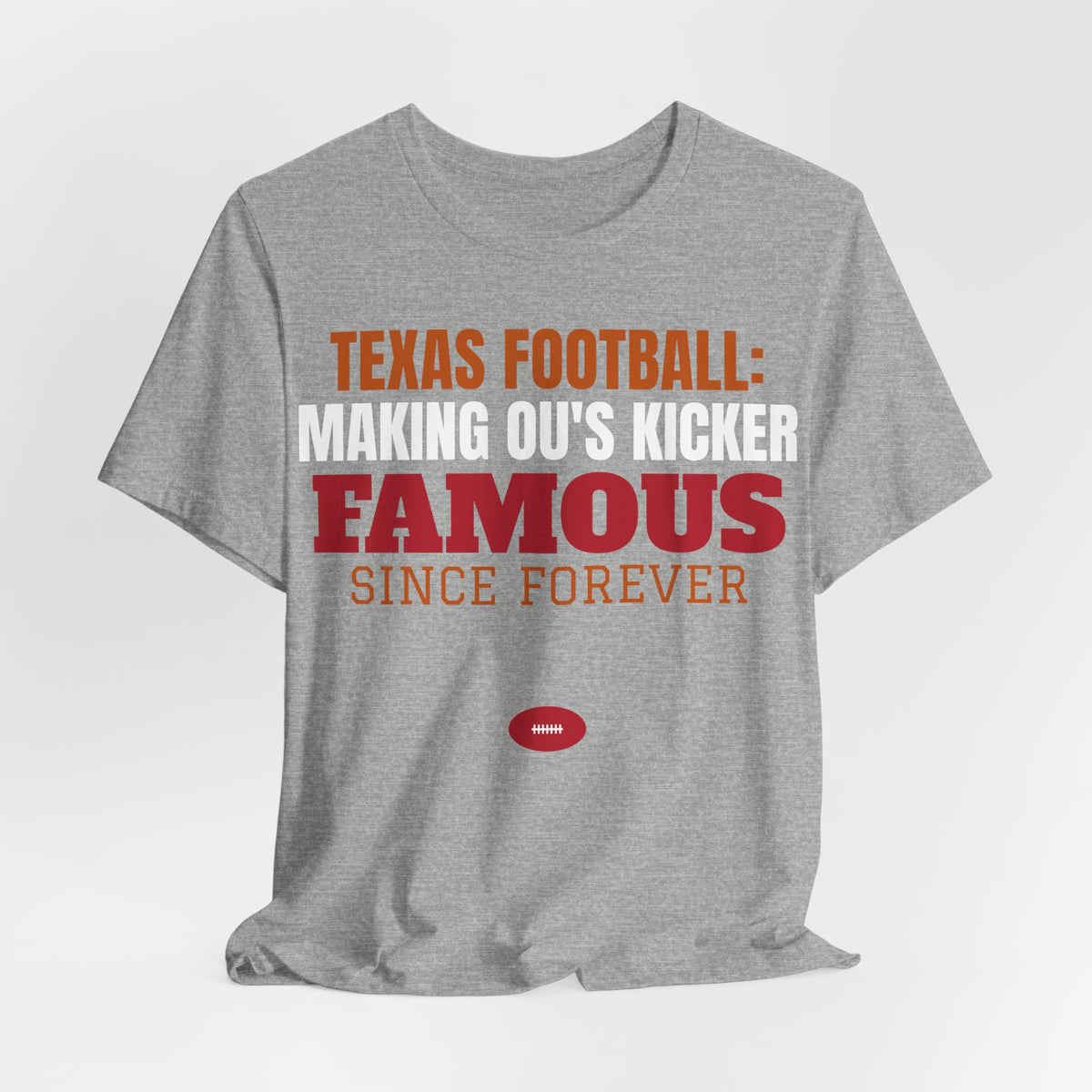 Athletic heather gray graphic T-shirt with 'TEXAS FOOTBALL' and 'FAMOUS' wording