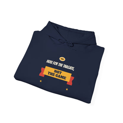 Navy pullover hoodie with hood and front graphic: 'HERE FOR THE TAILGATE, NOT THE GAME'