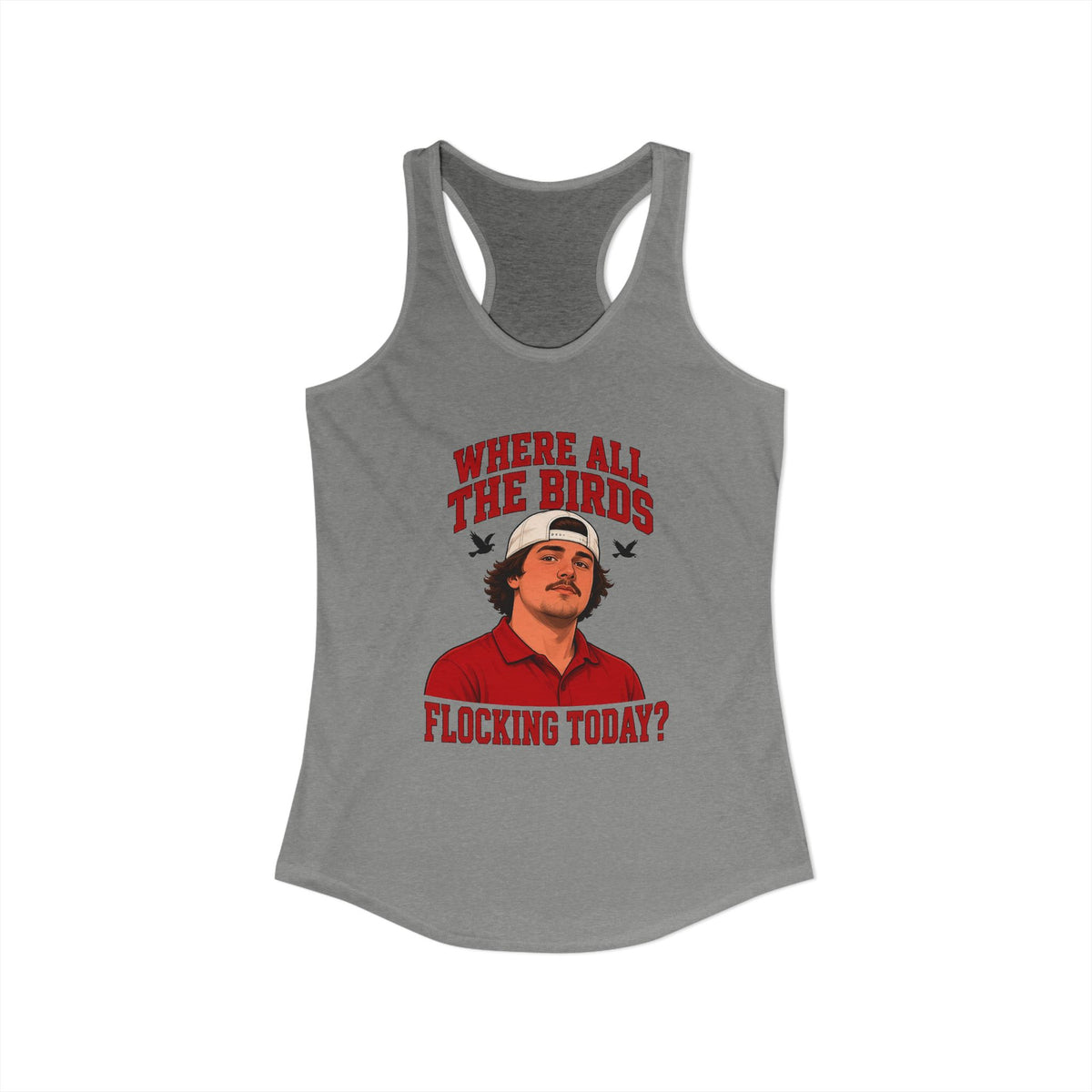 Heather grey racerback tank top with front bird-themed graphic, sleeveless