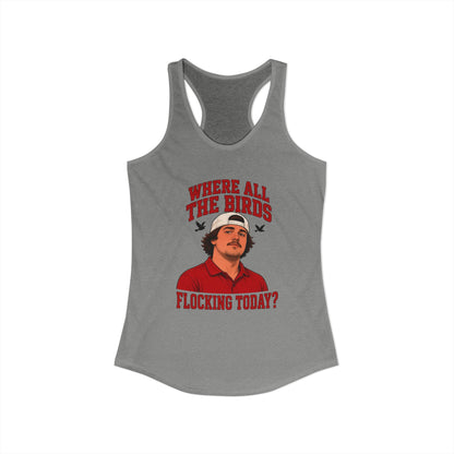 Heather grey racerback tank top with front bird-themed graphic, sleeveless