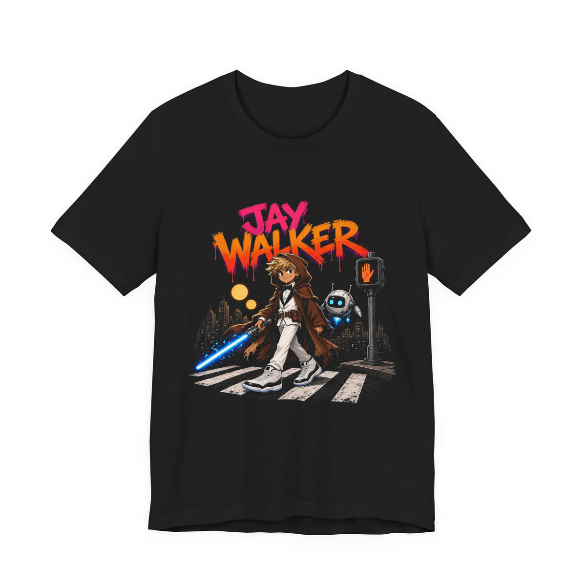 Black graphic T-shirt with front character, robot, and colorful neon text print