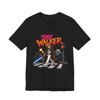 Black graphic T-shirt with front character, robot, and colorful neon text print
