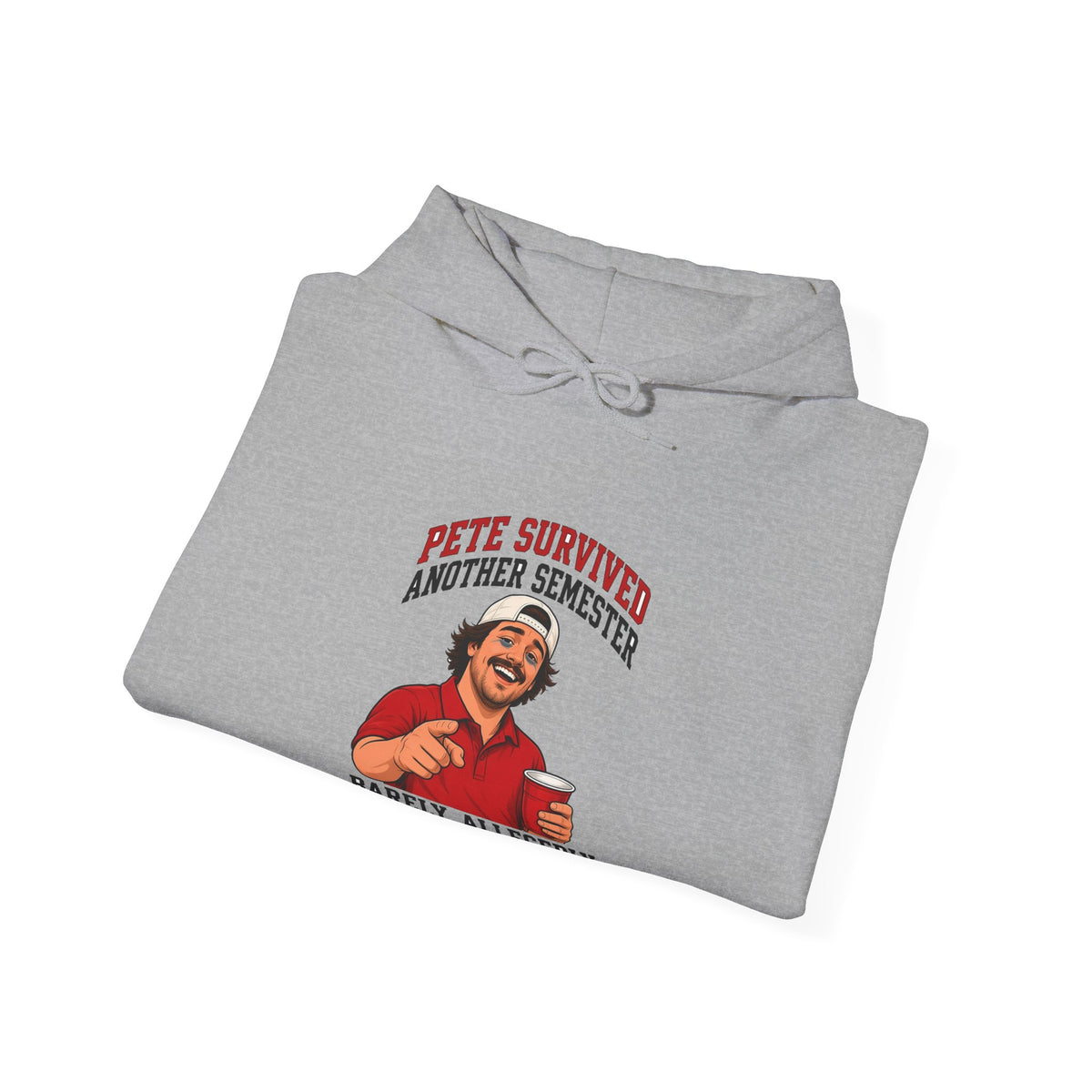 Sport grey folded pullover hoodie with front graphic print and drawstring hood
