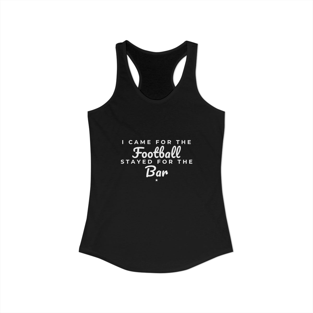 Black racerback tank with crew neckline and Football Bar text graphic
