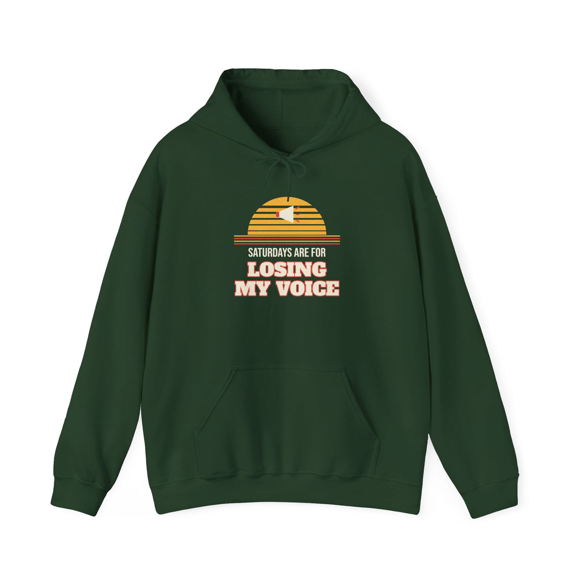 Forest green pullover hoodie with front kangaroo pocket and colorful slogan graphic