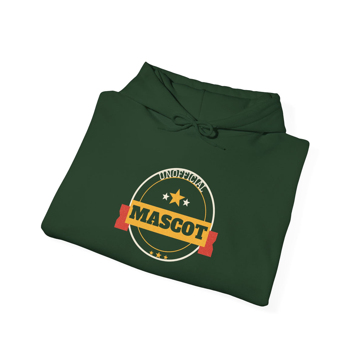 Forest green hoodie with drawstring hood, kangaroo pocket, and mascot logo graphic