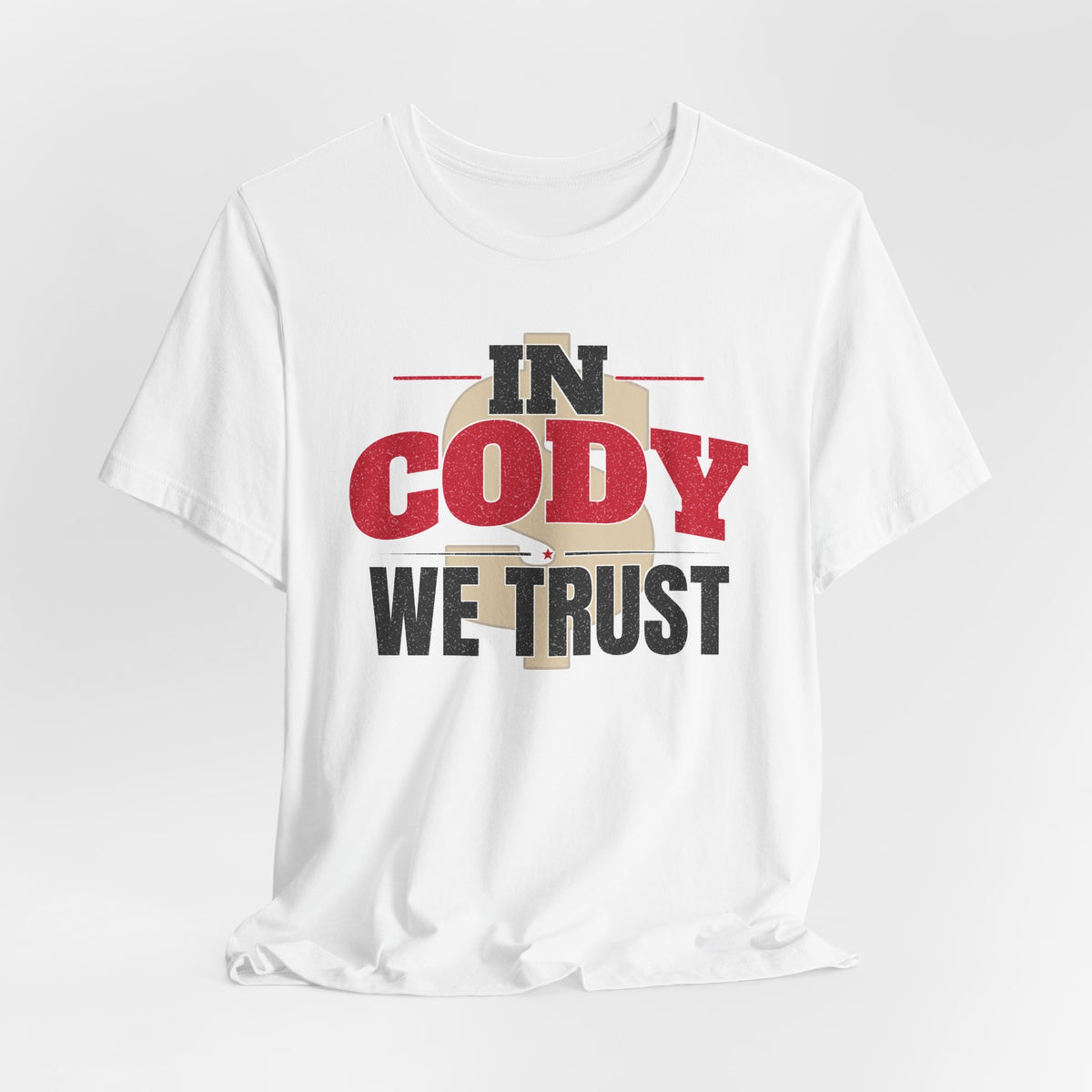 White graphic T-shirt with 'IN CODY' and 'WE TRUST' chest print