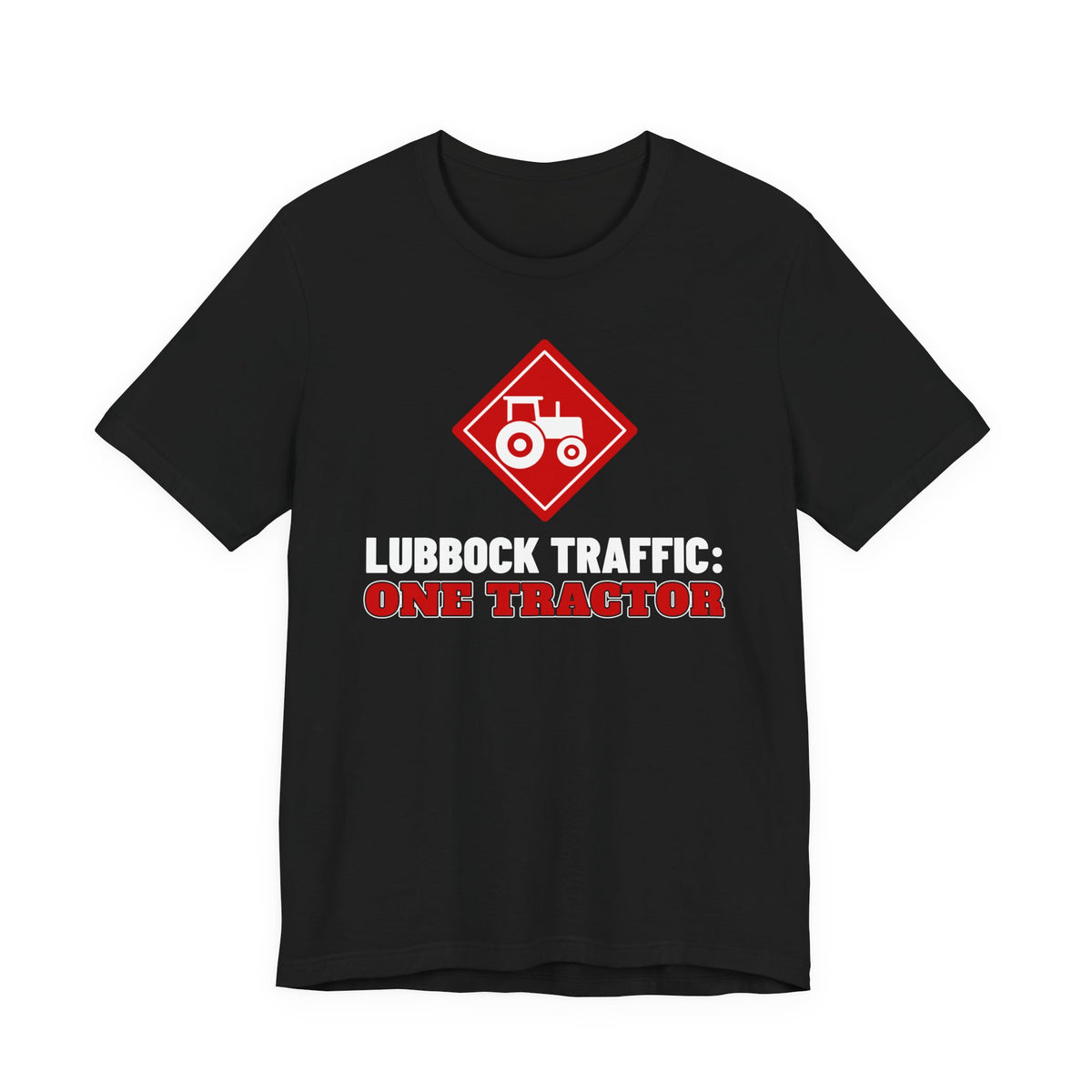 Black crew-neck tee with red tractor diamond and text