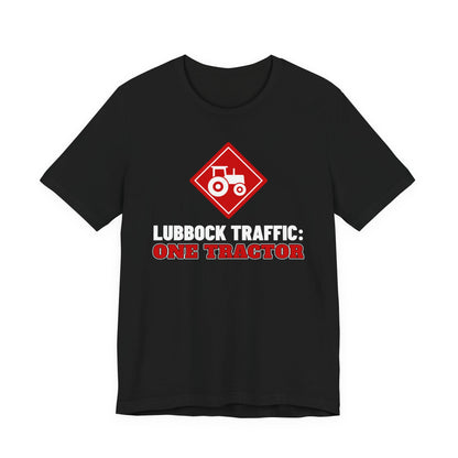Black crew-neck tee with red tractor diamond and text