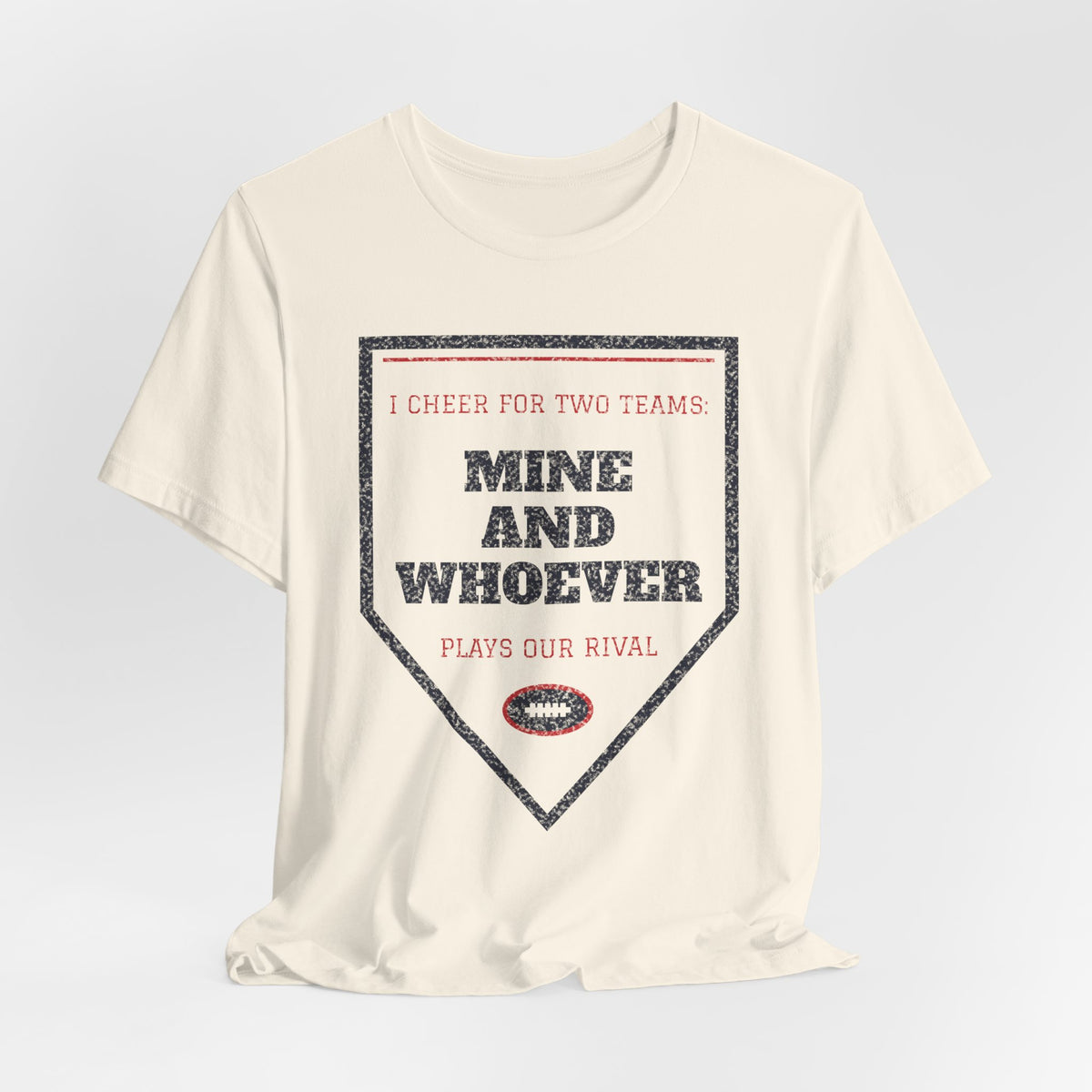 Natural/cream crewneck T-shirt with heart triangle “Mine and whoever” print.