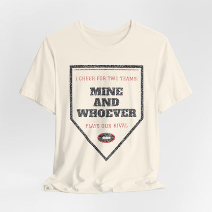 Natural/cream crewneck T-shirt with heart triangle “Mine and whoever” print.