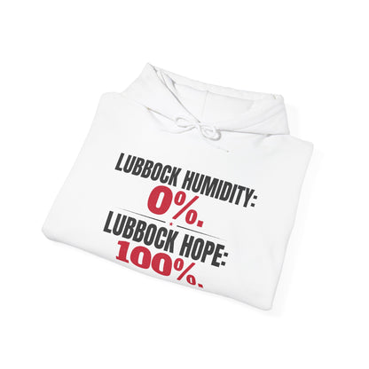White folded hoodie with hood and pocket, featuring "Humidity: 0%" text