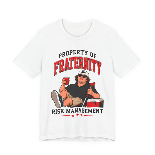 White crewneck T-shirt with large fraternity 'Property of Fraternity' Risk Management print