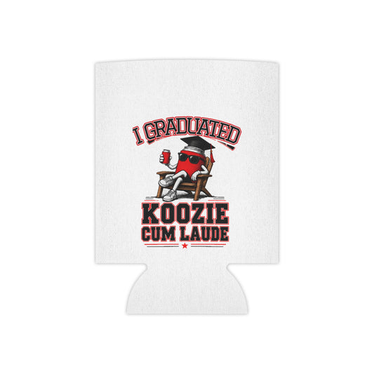 White graduation koozie with 'I Graduated' and 'Koozie Cum Laude' text, mascot graphic