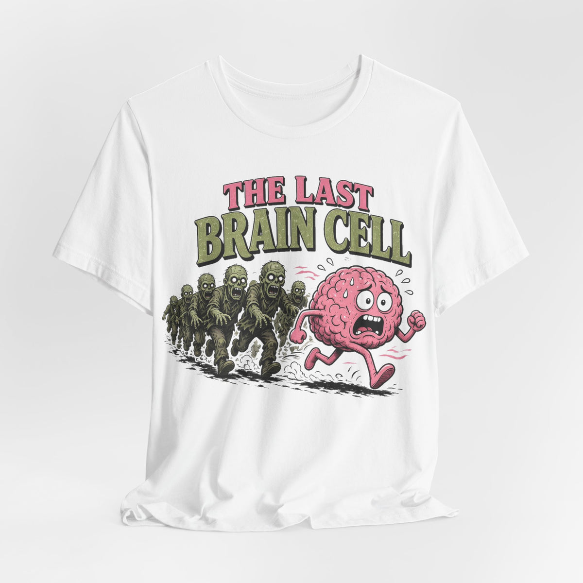 White crew-neck tee with colorful brain-cell and zombie robot graphic, front view