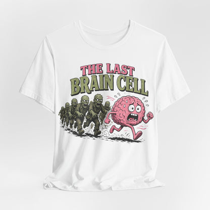 White crew-neck tee with colorful brain-cell and zombie robot graphic, front view