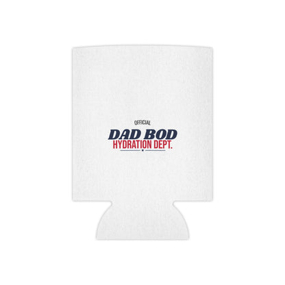 White can cooler koozie with 'Official Dad Bod Hydration Dept.' text on front