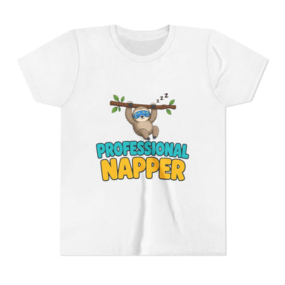 Kids white crew-neck tee with sloth under "PROFESSIONAL NAPPER" front graphic