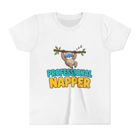 Kids white crew-neck tee with sloth under "PROFESSIONAL NAPPER" front graphic