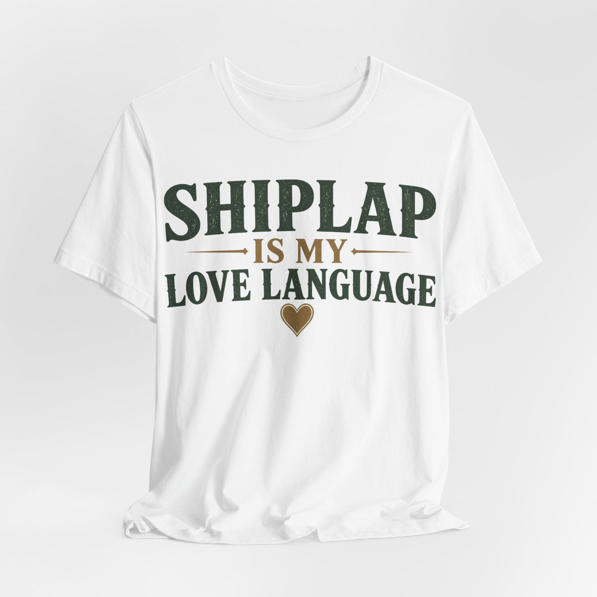 White crewneck T-shirt with large green SHIPLAP love language print and heart