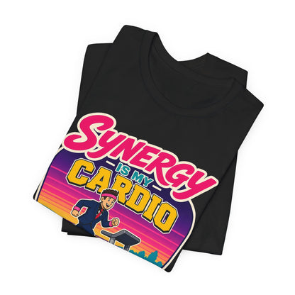 Black crewneck T-shirt with large “cardio” treadmill workout graphic print