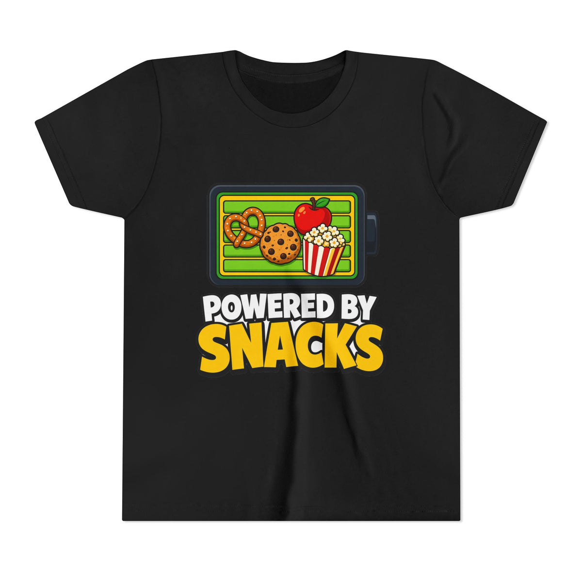 Black kids graphic T-shirt with snack-themed logo front
