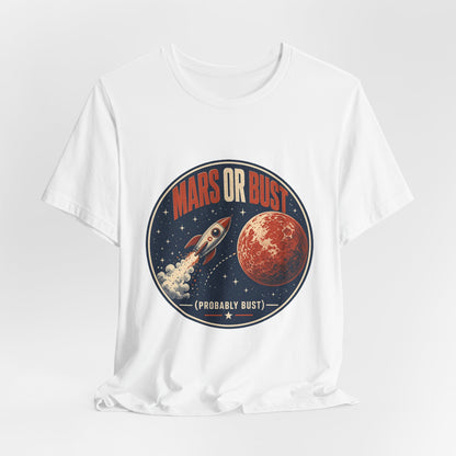 White crewneck graphic T-shirt with Mars or Bust space rocket and planet logo