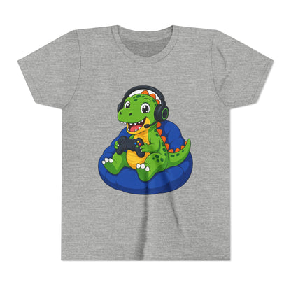 Heather gray kids t-shirt with green dinosaur gamer graphic