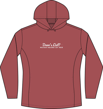 Deep red heather women's pullover hoodie with hood, drawstring, kangaroo pocket, front graphic