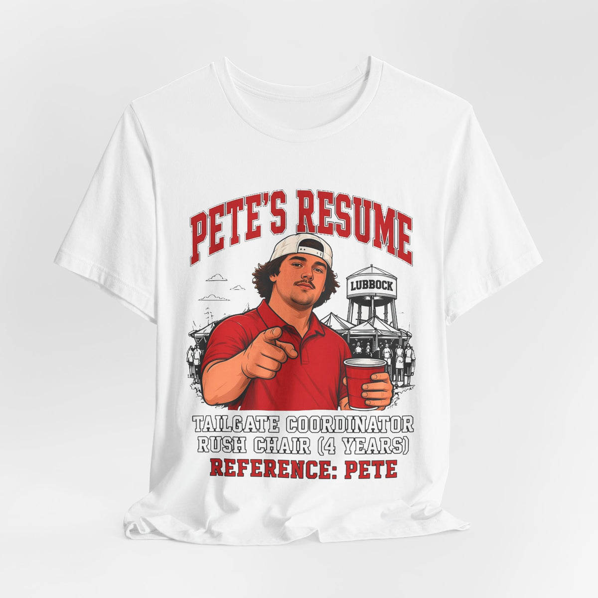 White crew neck graphic T-shirt with centered red text and illustrated character